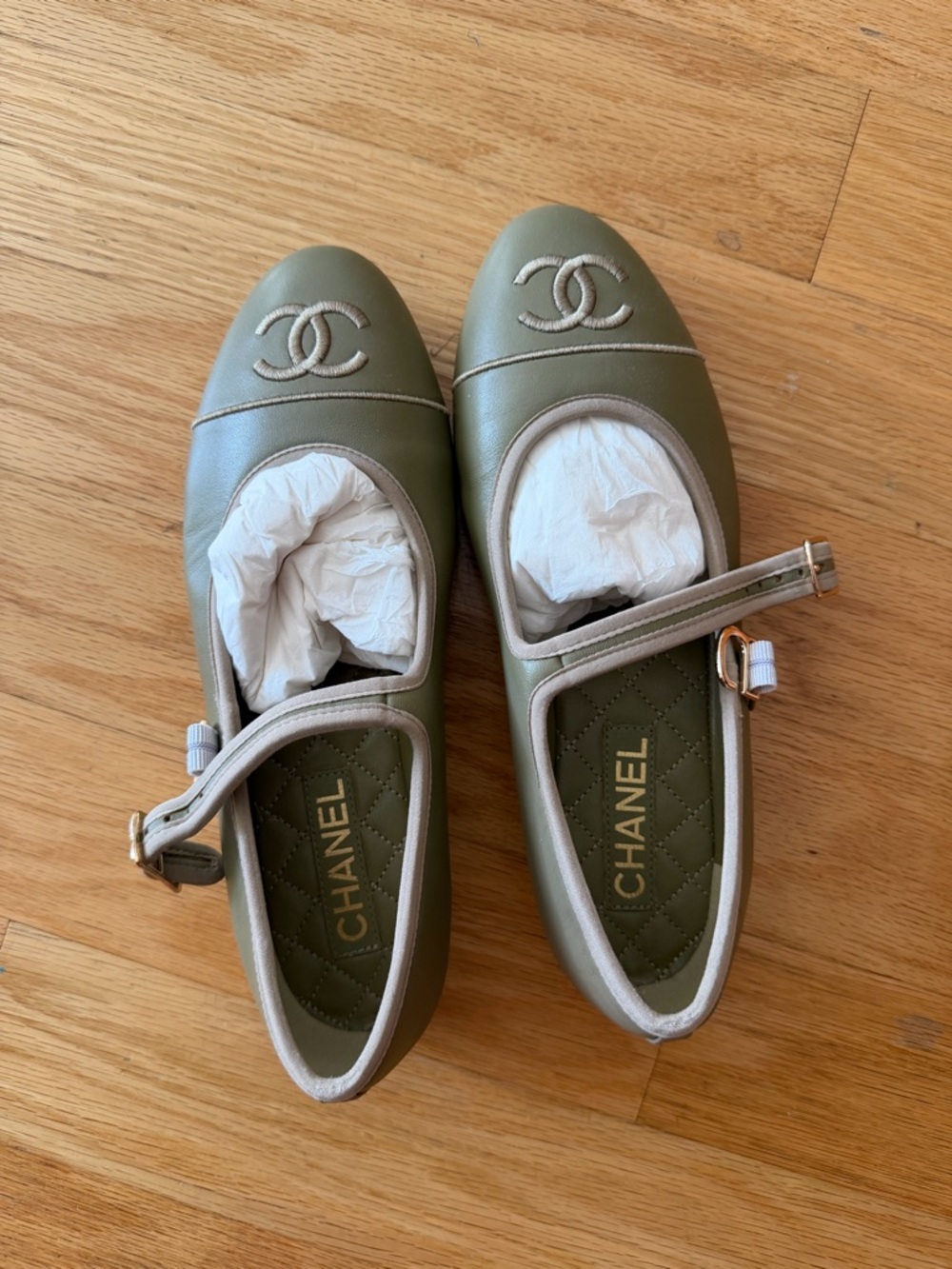 CHANEL Olive Green and Beige CC Strap Ballet Flats